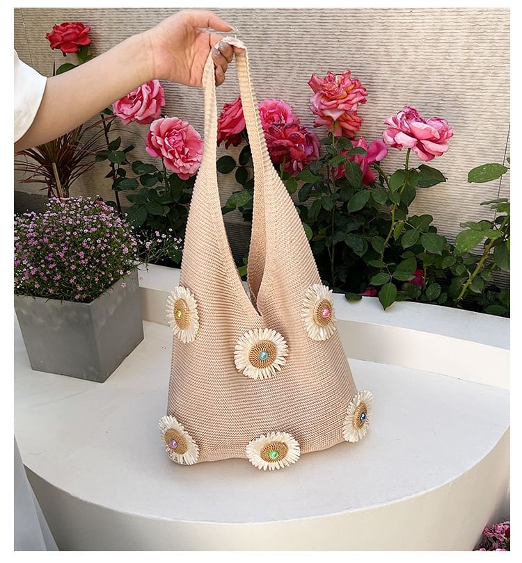Knit Bag Accent Flower Shopper