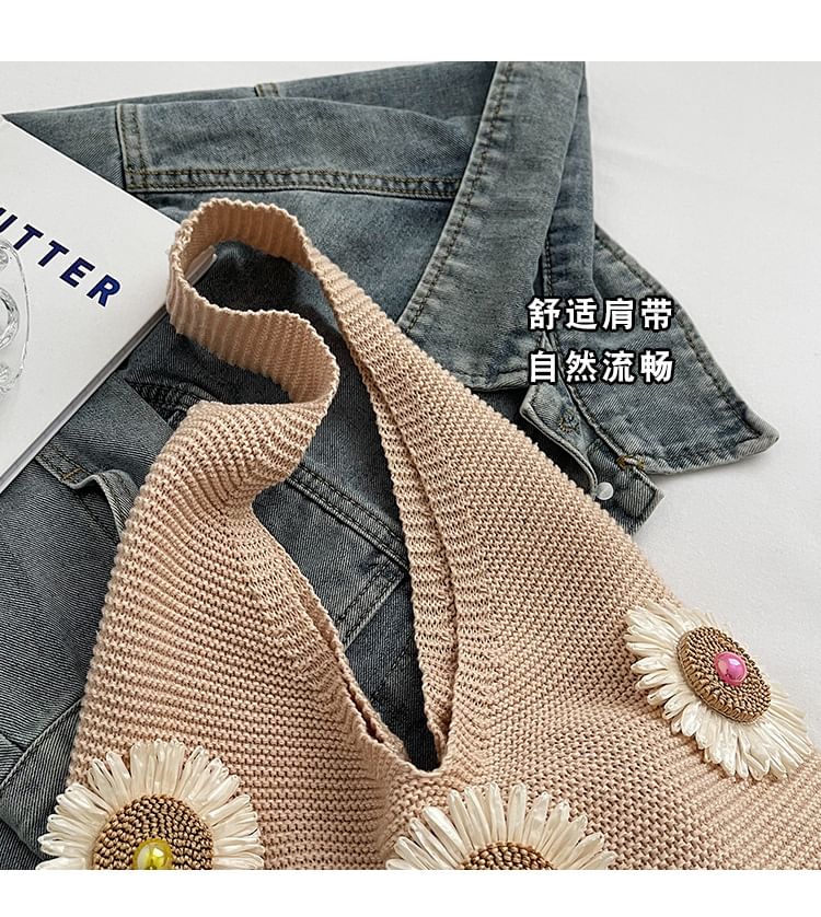 Knit Bag Accent Flower Shopper