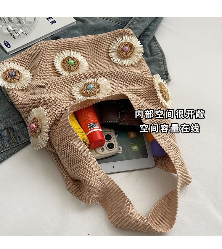 Knit Bag Accent Flower Shopper