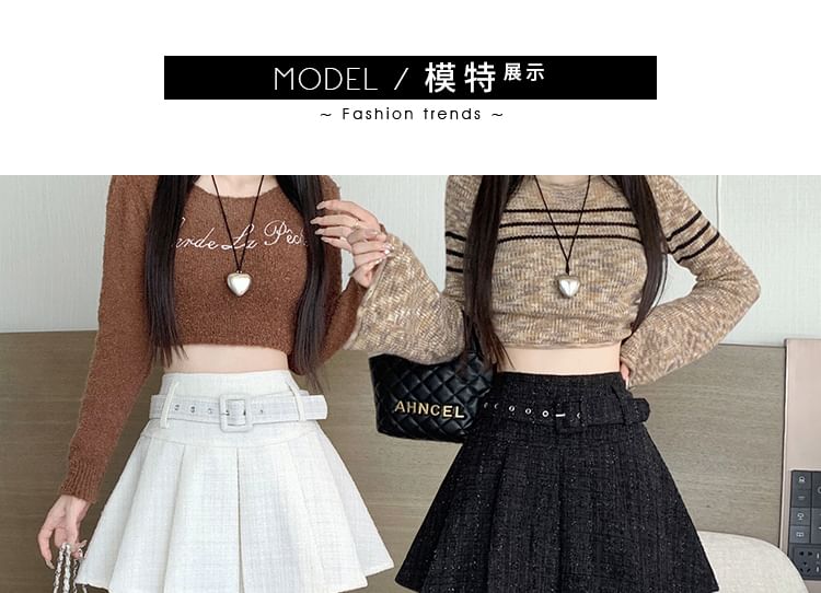 High-Waist Pleated Belted Tweed Mini Flare Skirt