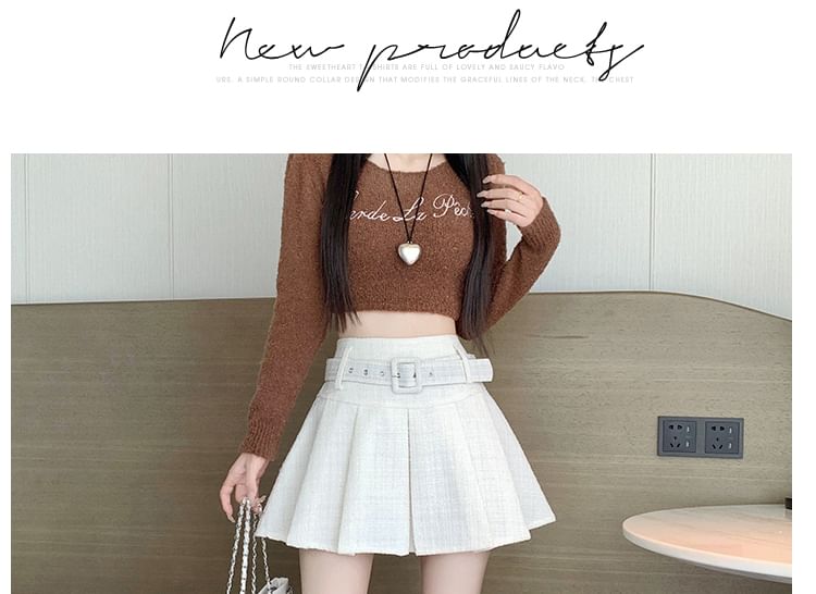 High-Waist Pleated Belted Tweed Mini Flare Skirt