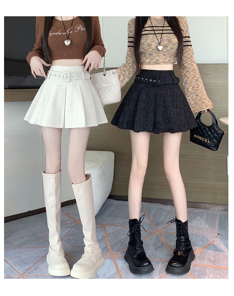 High-Waist Pleated Belted Tweed Mini Flare Skirt