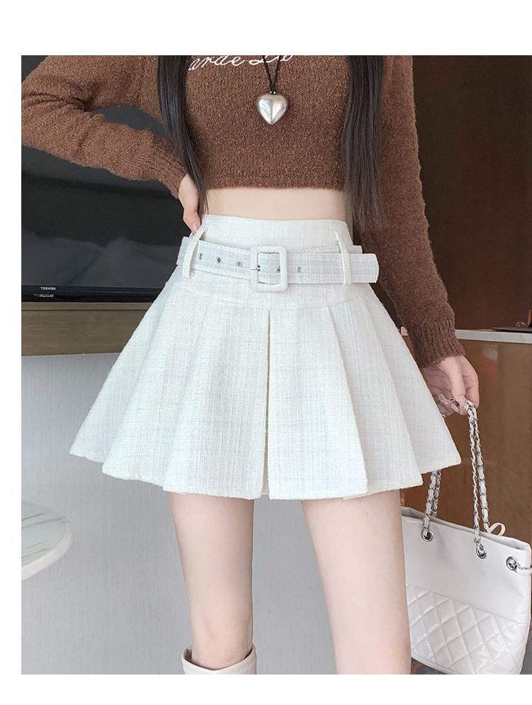 High-Waist Pleated Belted Tweed Mini Flare Skirt