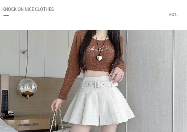 High-Waist Pleated Belted Tweed Mini Flare Skirt