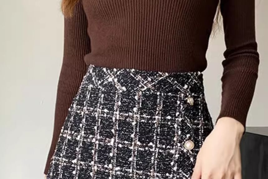 High Waist Checked Slit Mini Flared Skirt
