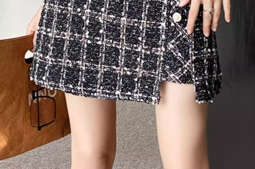 High Waist Checked Slit Mini Flared Skirt