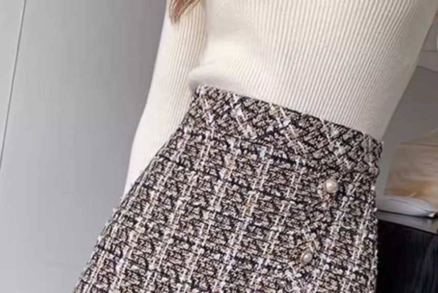 High Waist Checked Slit Mini Flared Skirt