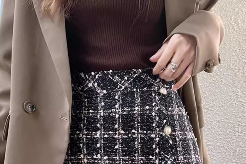 High Waist Checked Slit Mini Flared Skirt