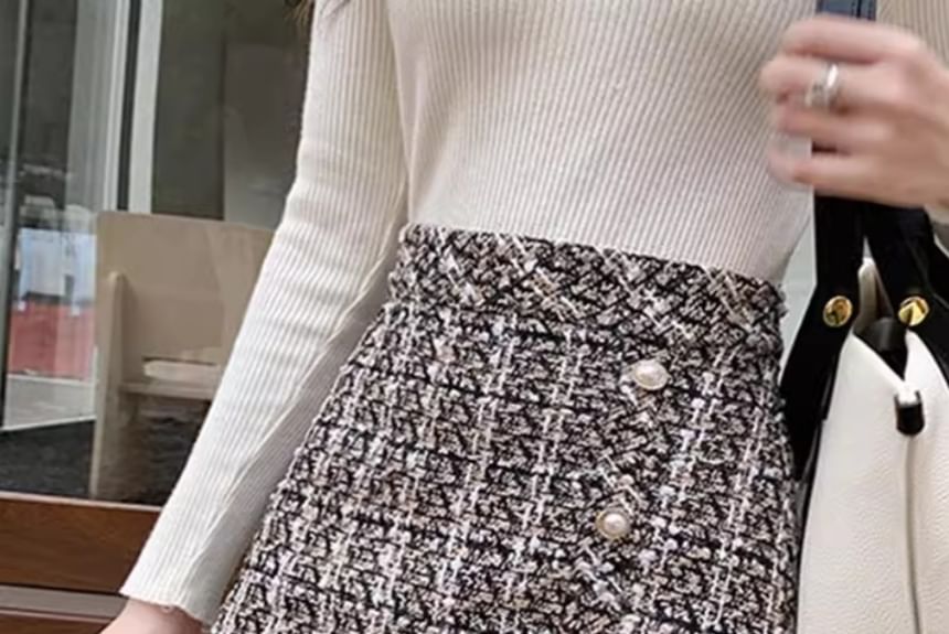 High Waist Checked Slit Mini Flared Skirt