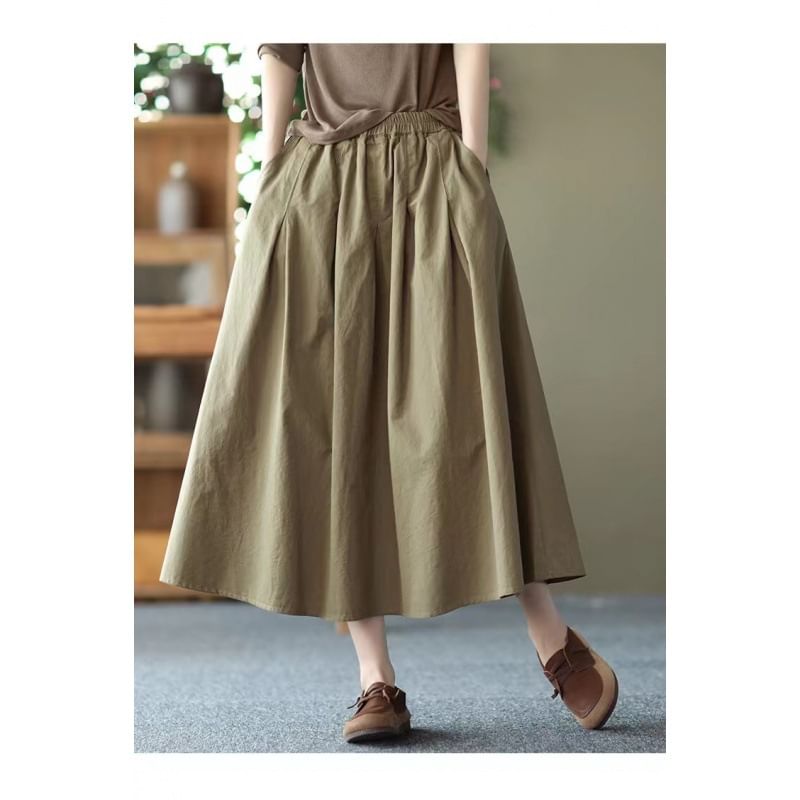 Elastic Waist Pleated Midi Flared Skirt in Solid Tone