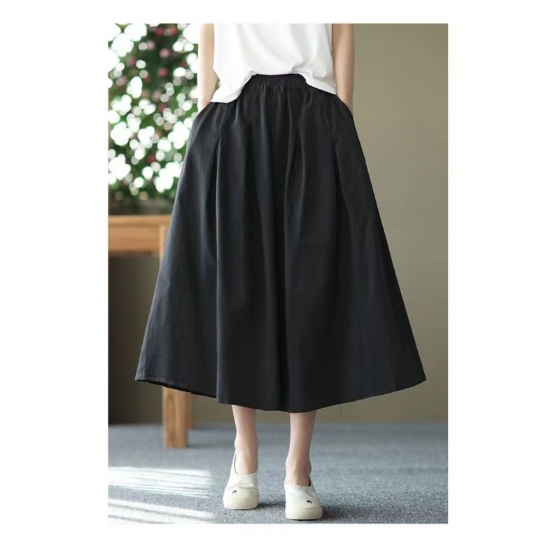 Elastic Waist Pleated Midi Flared Skirt in Solid Tone