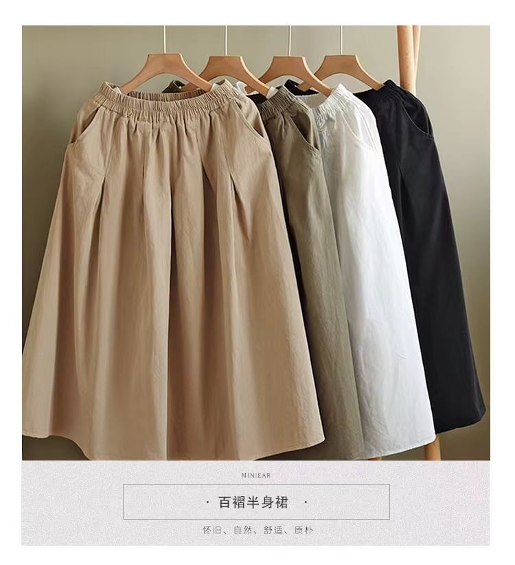 Elastic Waist Pleated Midi Flared Skirt in Solid Tone