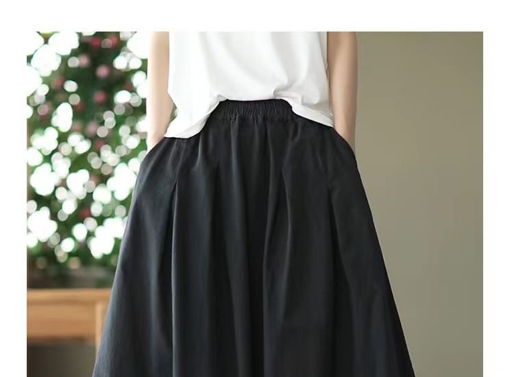 Elastic Waist Pleated Midi Flared Skirt in Solid Tone
