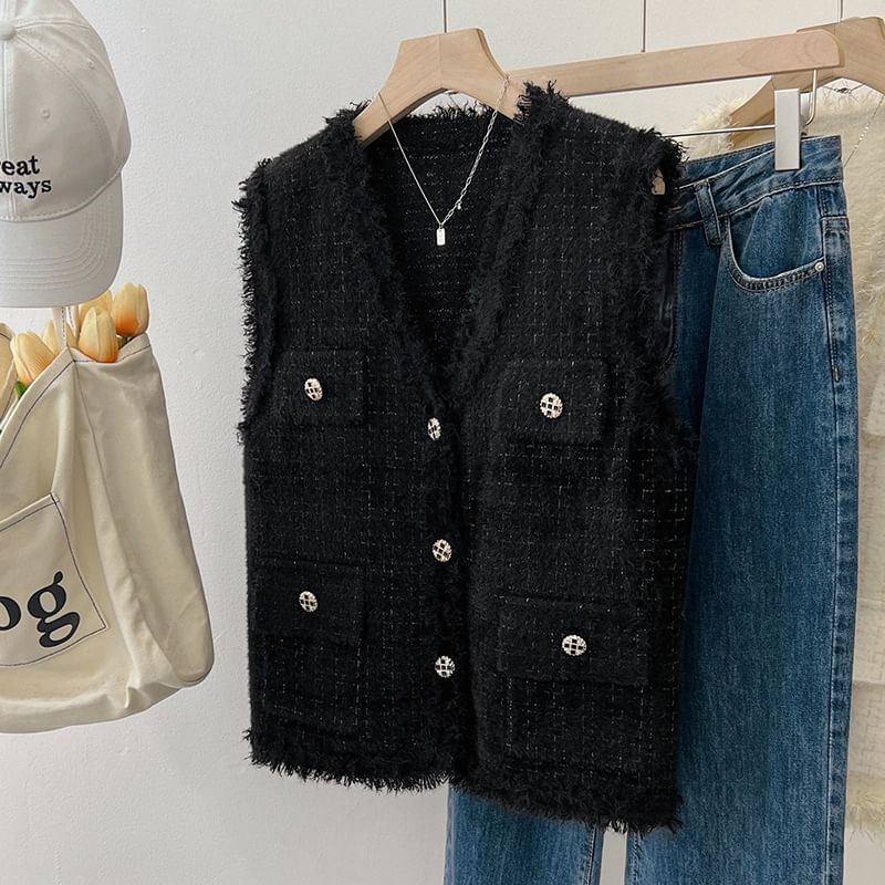 V-Neck Tweed Button Crop Sweater Vest