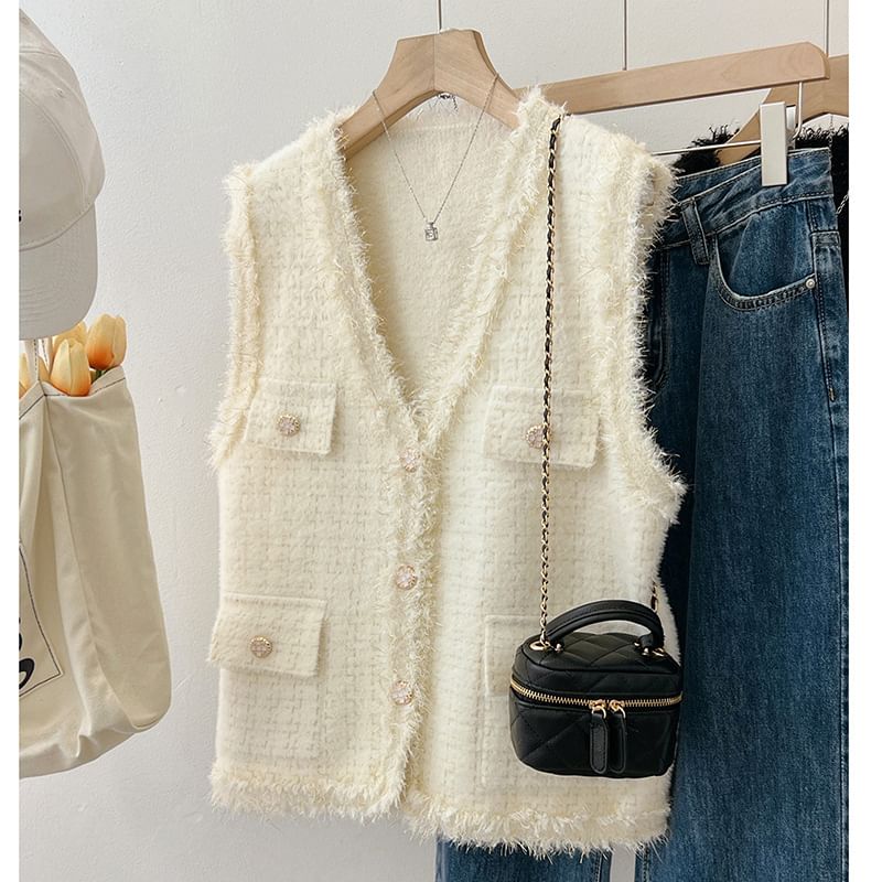 V-Neck Tweed Button Crop Sweater Vest