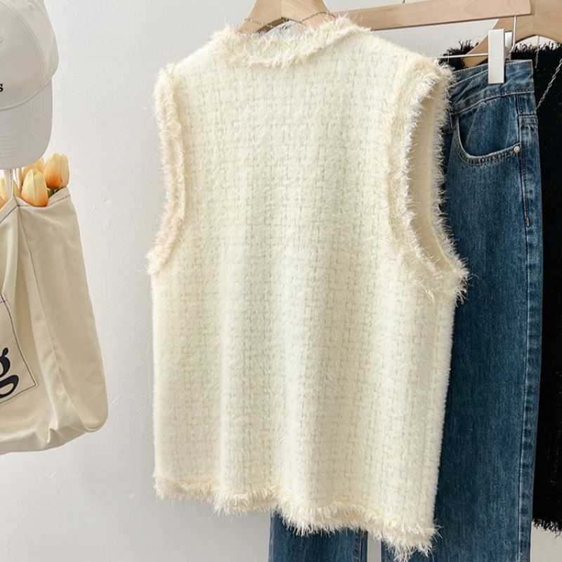 V-Neck Tweed Button Crop Sweater Vest