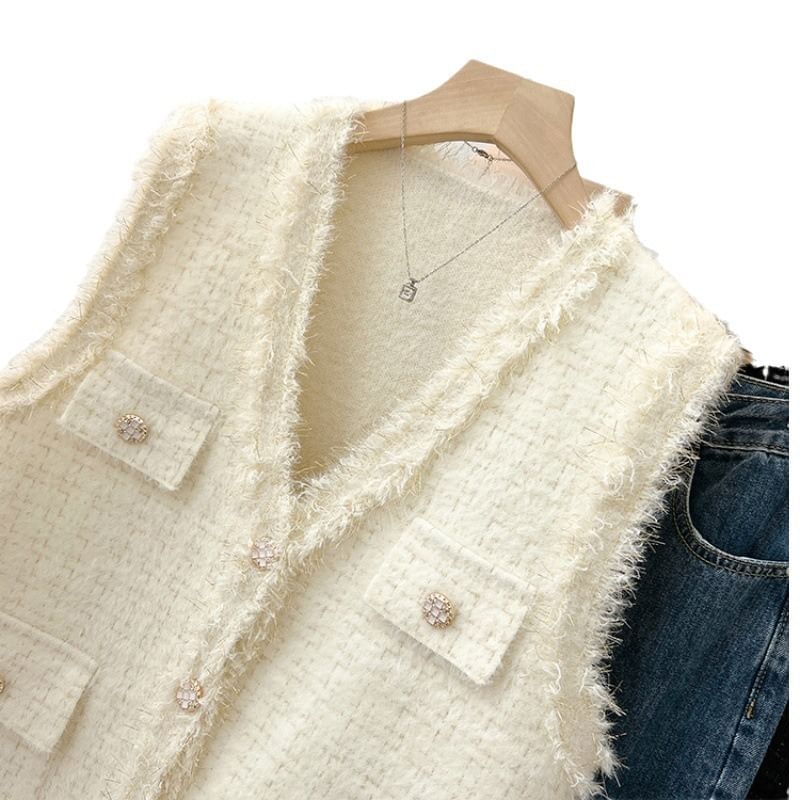 V-Neck Tweed Button Crop Sweater Vest