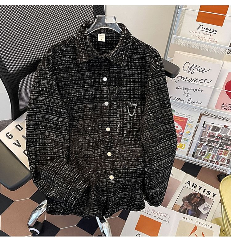 Collared Chained Button-Up Tweed Jacket