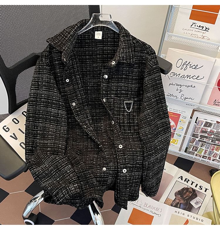 Collared Chained Button-Up Tweed Jacket