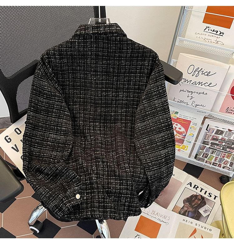 Collared Chained Button-Up Tweed Jacket