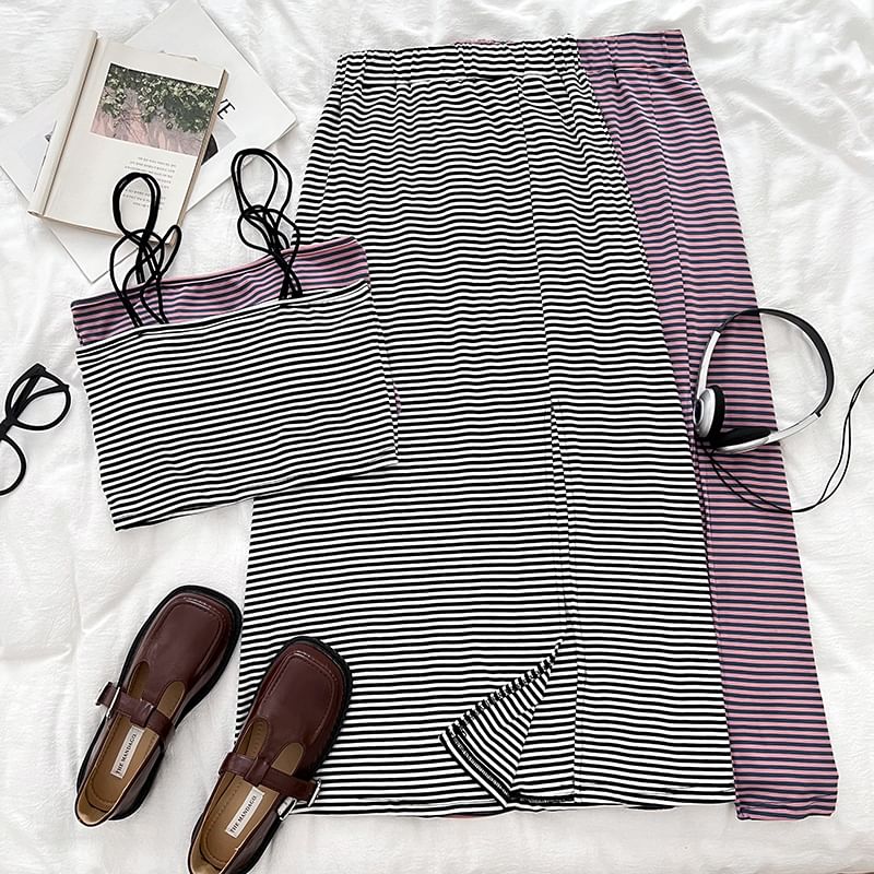 Striped Padded Crop Cami with Elastic Slit Maxi Flare Skirt Set