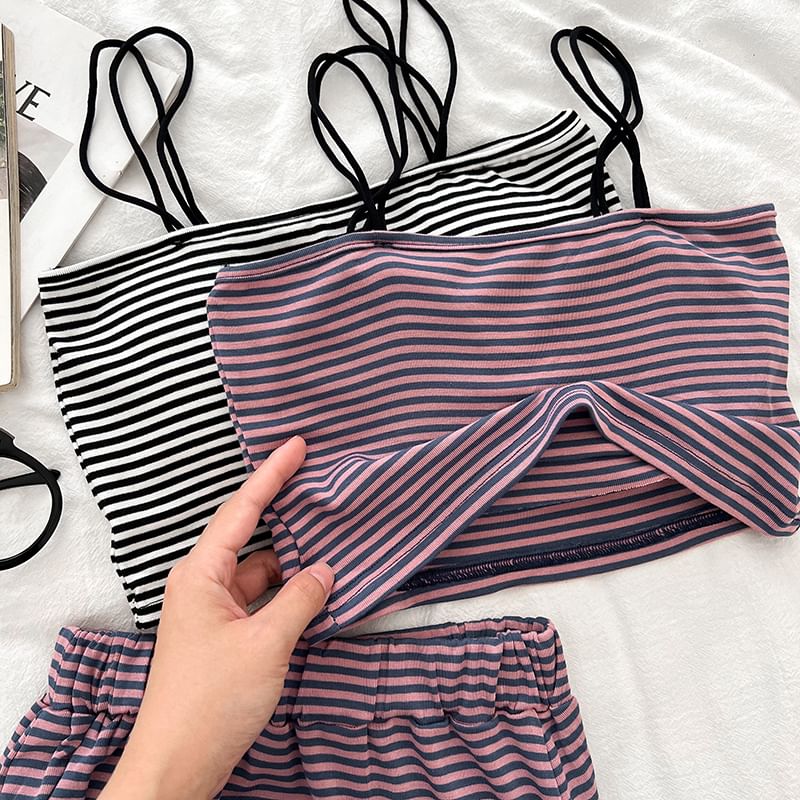 Striped Padded Crop Cami with Elastic Slit Maxi Flare Skirt Set
