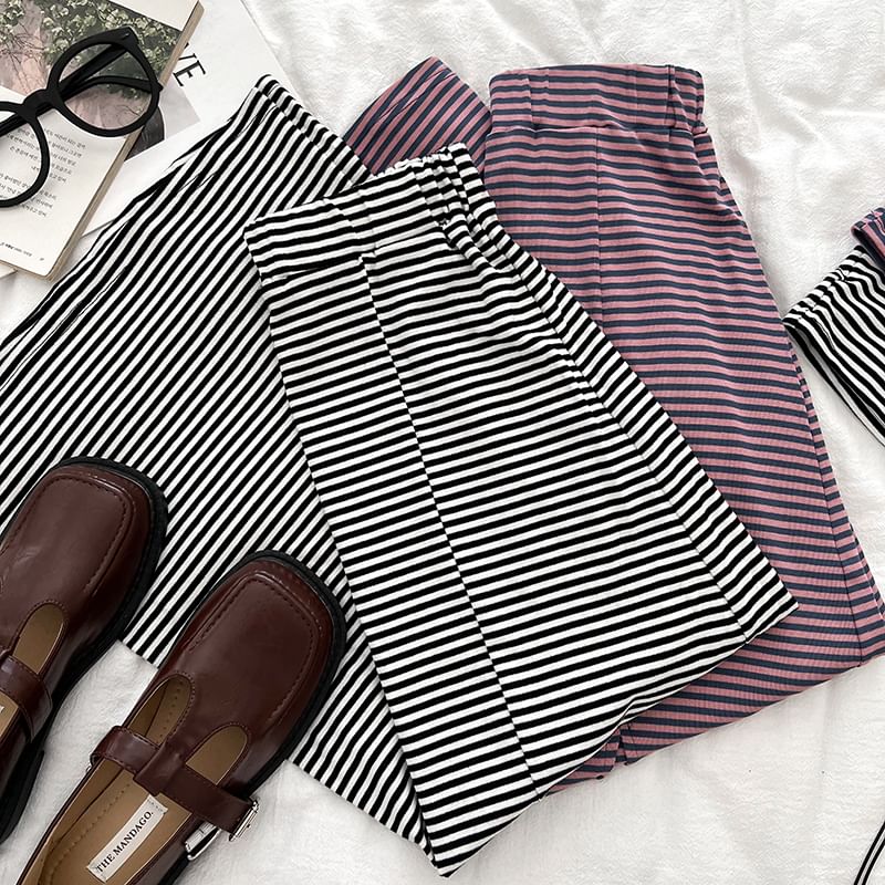 Striped Padded Crop Cami with Elastic Slit Maxi Flare Skirt Set