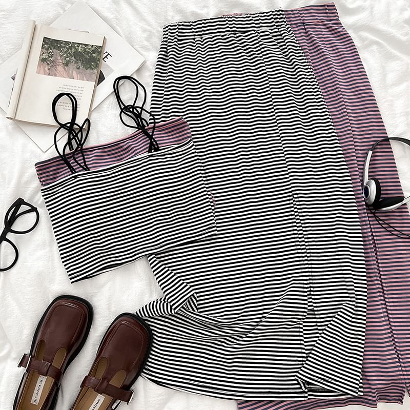 Striped Padded Crop Cami with Elastic Slit Maxi Flare Skirt Set