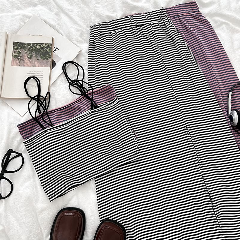 Striped Padded Crop Cami with Elastic Slit Maxi Flare Skirt Set