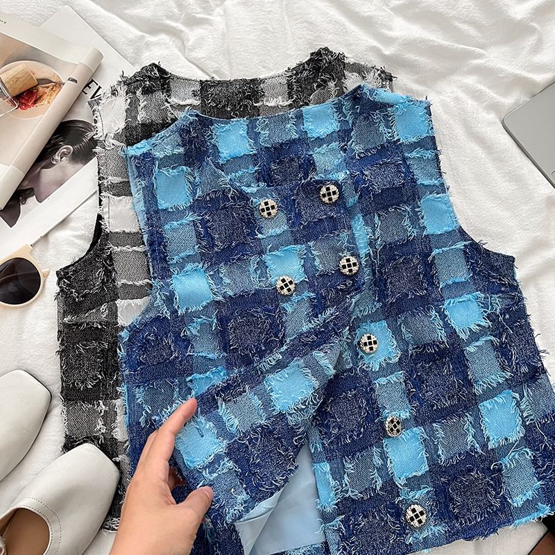 Round Neck Plaid Double Breasted Vest