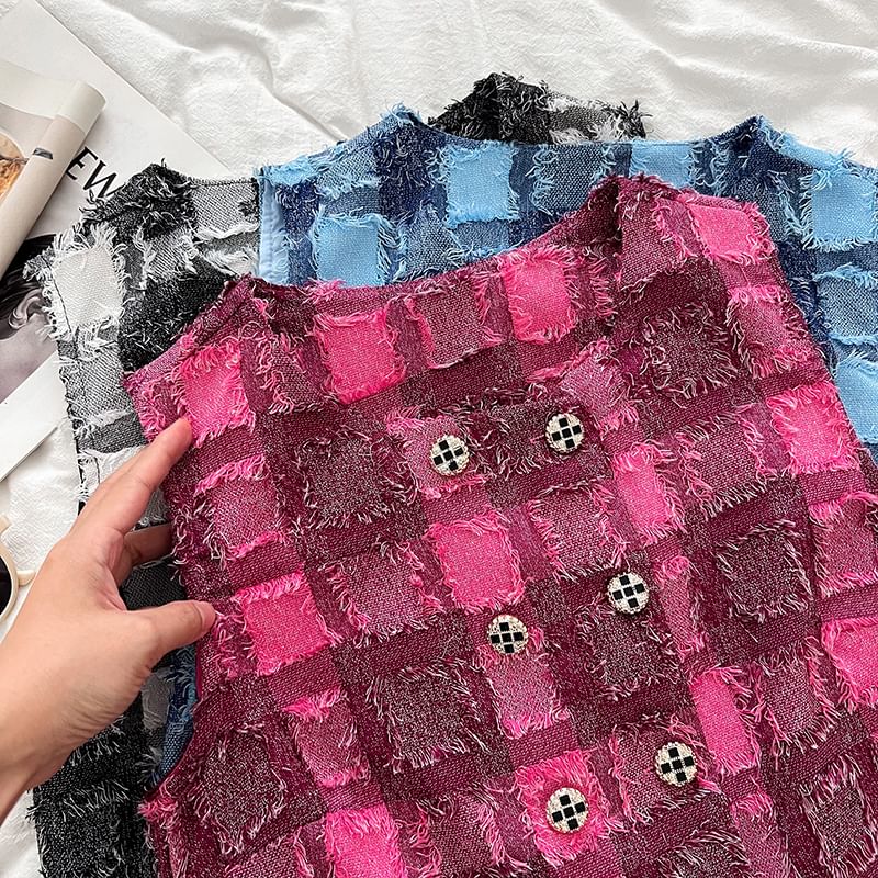 Round Neck Plaid Double Breasted Vest