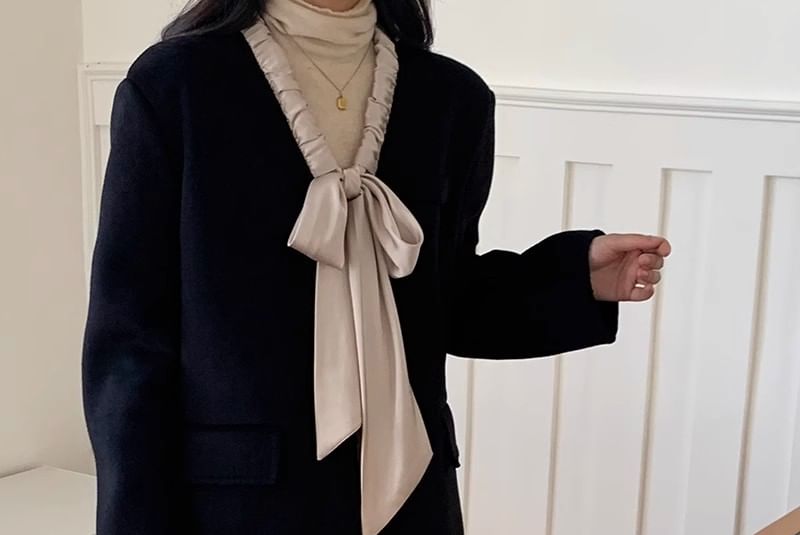 Two Tone Bow Woolen Single-Breasted Coat