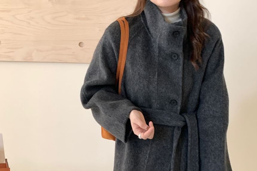 Stand Collar Woolen Midi Single-Breasted Coat