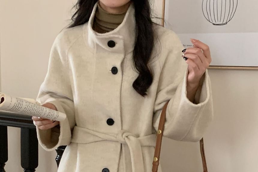 Stand Collar Woolen Midi Single-Breasted Coat