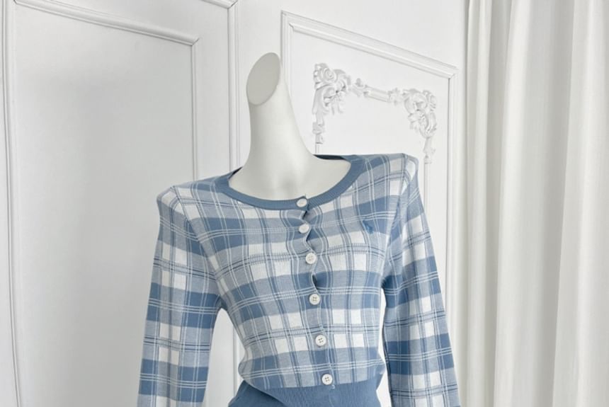 Plaid Cardigan Paired with High-Rise Mini Flare Skirt Set