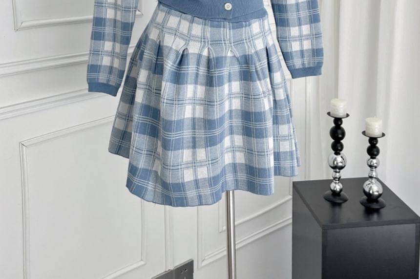 Plaid Cardigan Paired with High-Rise Mini Flare Skirt Set