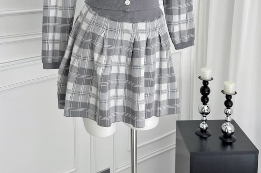 Plaid Cardigan Paired with High-Rise Mini Flare Skirt Set