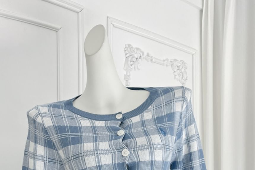 Plaid Cardigan Paired with High-Rise Mini Flare Skirt Set