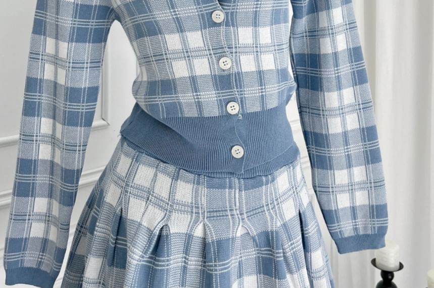 Plaid Cardigan Paired with High-Rise Mini Flare Skirt Set
