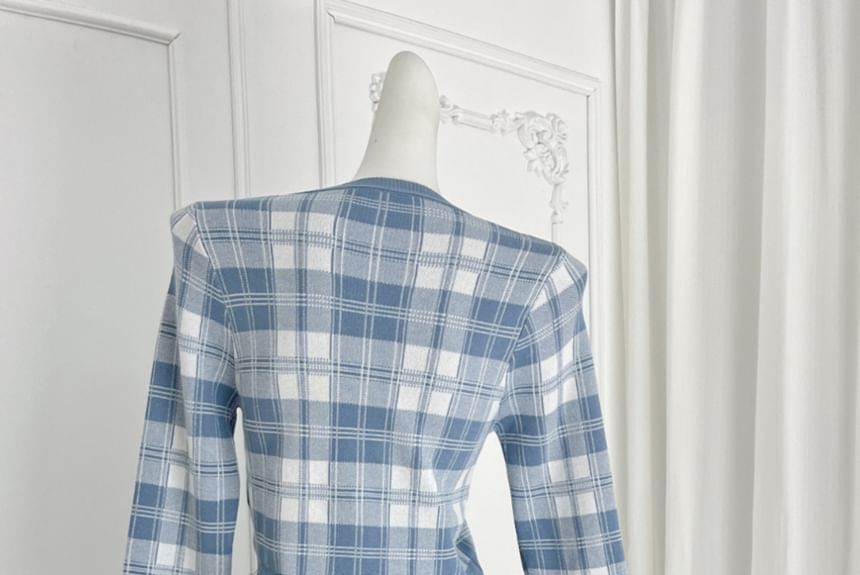 Plaid Cardigan Paired with High-Rise Mini Flare Skirt Set