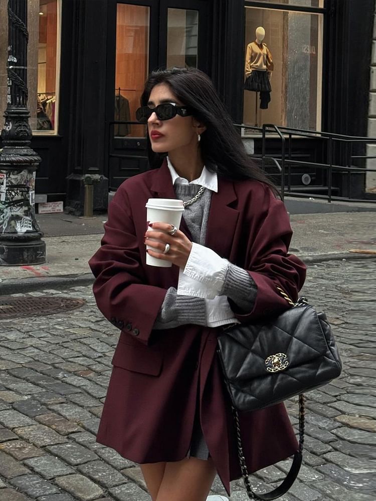 Notched-Lapel Blazer with Mock Two-Piece Sweater and Mini Pleated Skirt Set