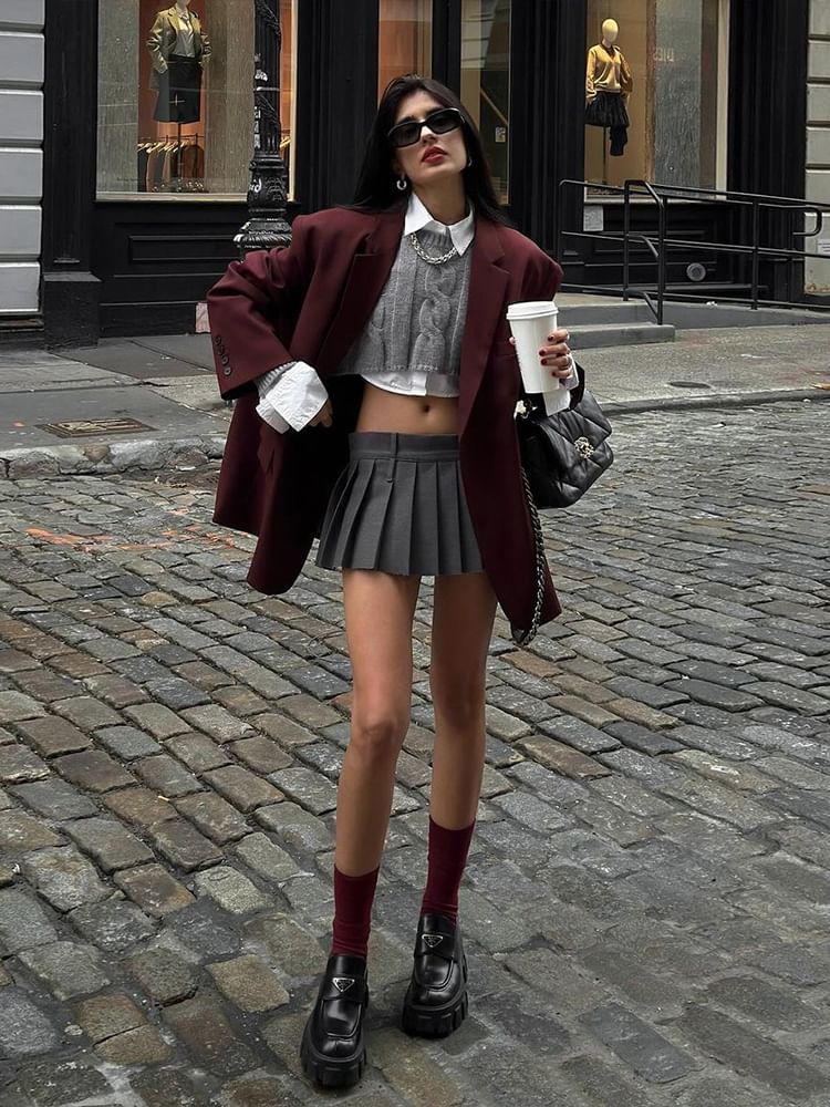 Notched-Lapel Blazer with Mock Two-Piece Sweater and Mini Pleated Skirt Set