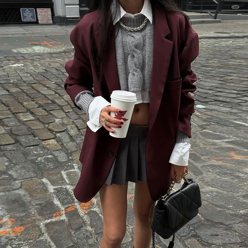 Notched-Lapel Blazer with Mock Two-Piece Sweater and Mini Pleated Skirt Set