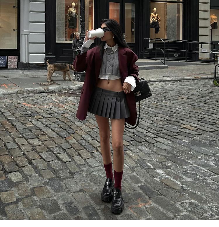 Notched-Lapel Blazer with Mock Two-Piece Sweater and Mini Pleated Skirt Set