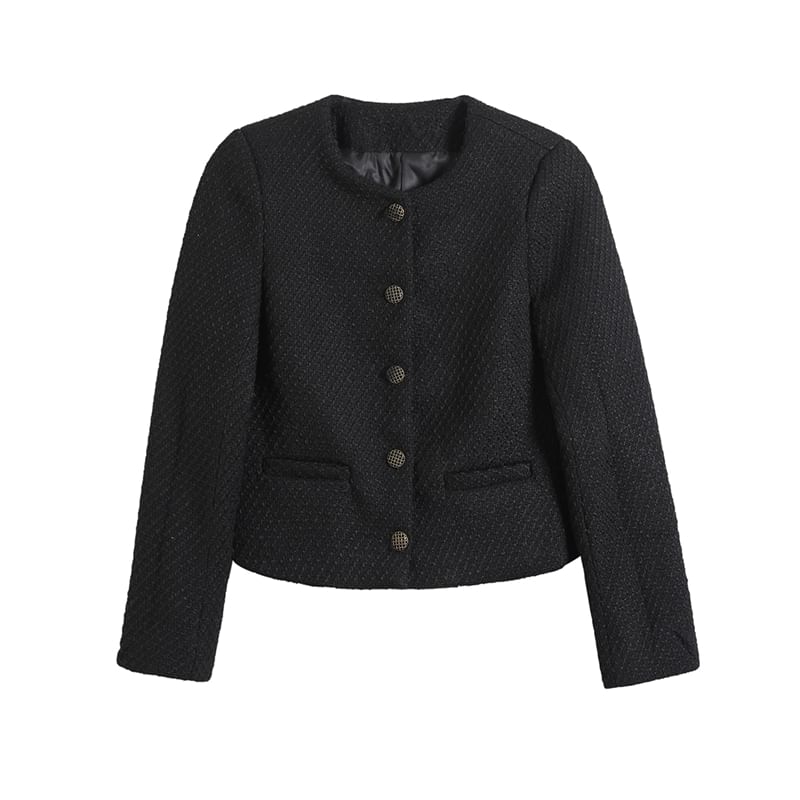 Round Neck Plain Tweed Button Jacket