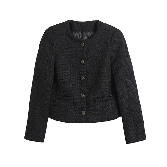 Round Neck Plain Tweed Button Jacket