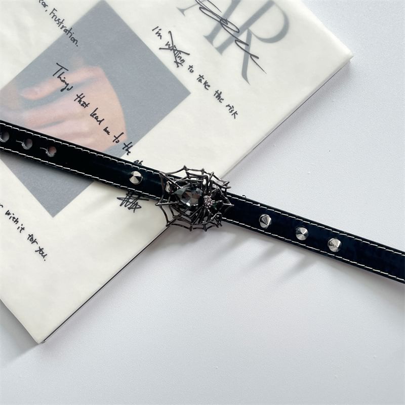 Faux Spike Spiderweb Stud Leather Choker