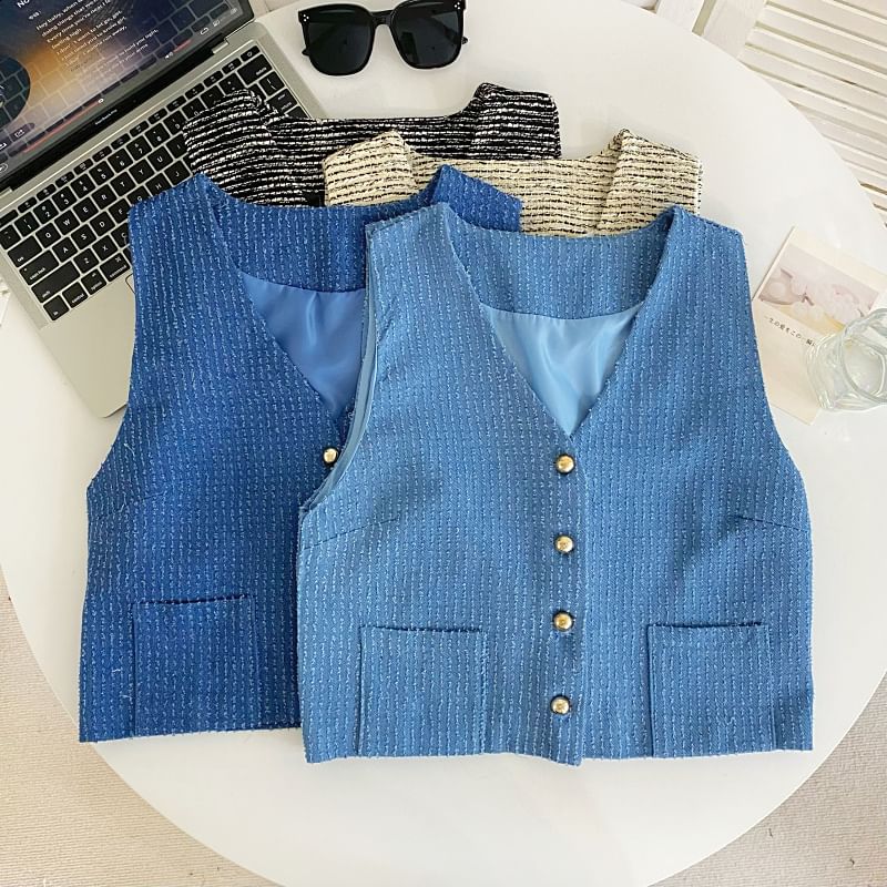 V-Neck Tweed Button-Up Vest