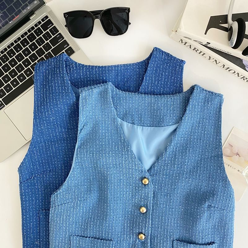 V-Neck Tweed Button-Up Vest