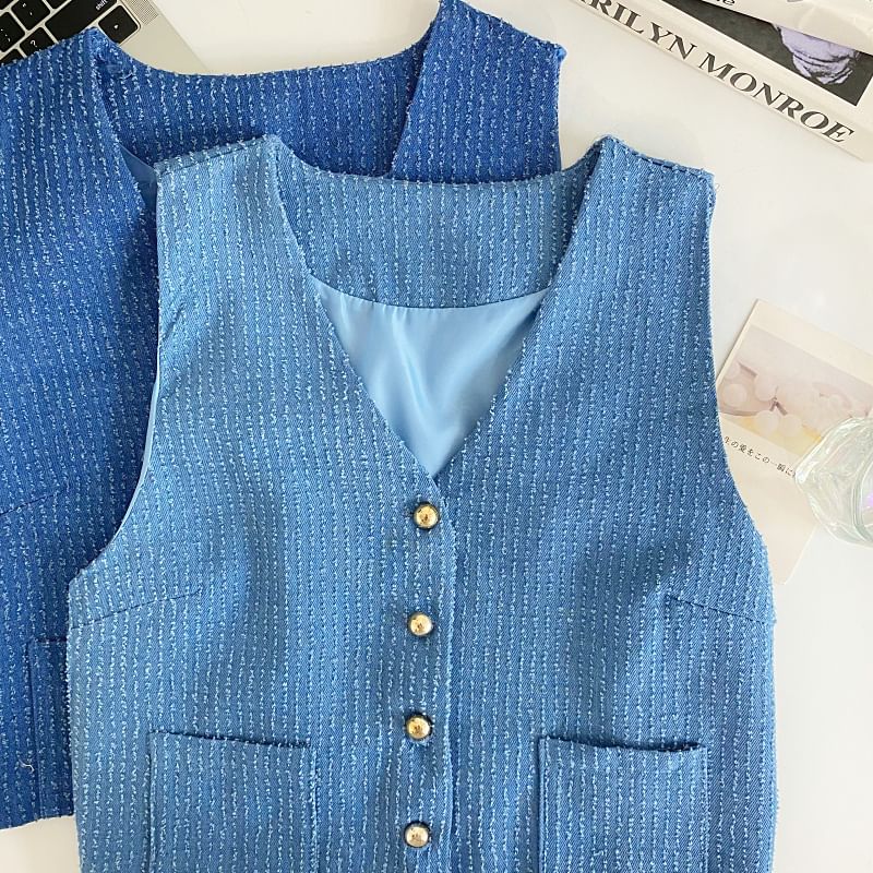 V-Neck Tweed Button-Up Vest